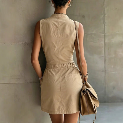 Luna | Khaki Sleeveless Zip Cargo Dress