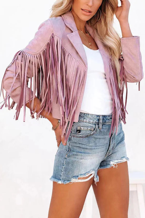 Cropped Fringe Faux Suede Jacket