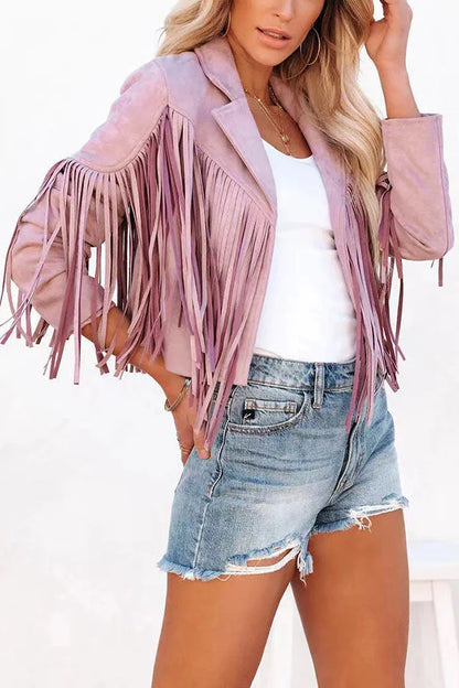 Cropped Fringe Faux Suede Jacket