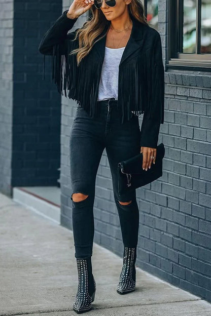 Cropped Fringe Faux Suede Jacket